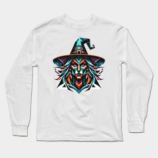 Geometric Witch Portrait: Vibrant Polygon Art Long Sleeve T-Shirt